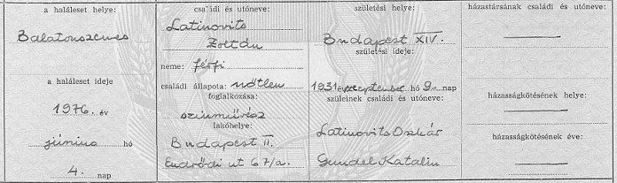 A családfakutatás során előkerült dokumentumok: Latinovits Zoltán halálát dokumentáló anyakönyvi részlet