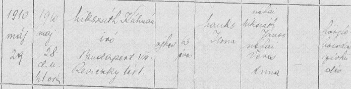 A családfakutatás során előkerült dokumentumok: anyakönyvi részlet Mikszáth Kálmán halálának bejegyzésével